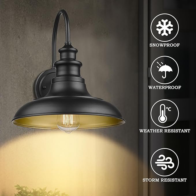 Outdoor Barn Light Fixture Farmhouse Wall Mount Light Gooseneck Wall Sconce Exterior Wall Lighting Fixture Industrial Black Finish Lantern for Porch with Gold Interior, 4Pack, RZ004-4PACK BK