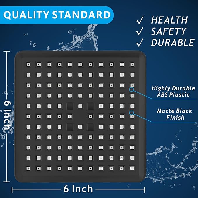 Voolan High Pressure Rain Shower Head - Luxury Modern Look - The Adjustable Replacement For Your Bathroom Showerhead - 6" Square High Flow Pressure Boosting Showers (Matte Black)