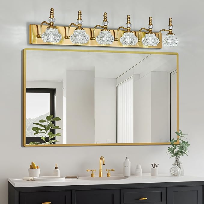 Modern Glass Crystal Vanity Light - Vintage Bathroom Lighting Fixtures Over Mirror 6 Light Vanity Lights G9 Bulb (43.3 Inch, Gold)