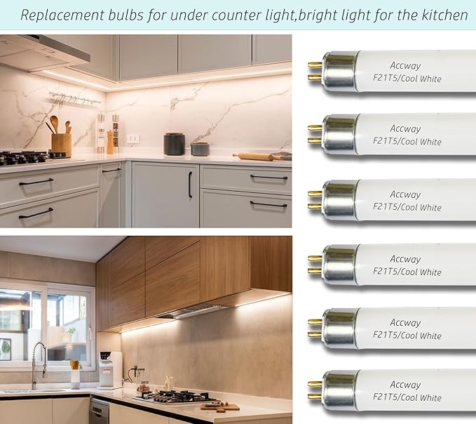 6pack F21T5/841 34 inch Cool White Fluorescent Light Bulb, 21Watt 4100K Neutral White Light T5 Type Tube, High Brightness 1780 Lumen