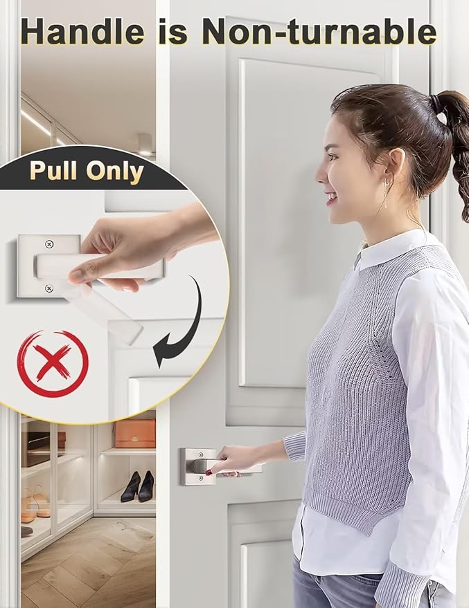 Dummy Door Handle Brushed Nickel for Left Hand and Right Hand, Mordern Square Closet Hallway Door Knob, Non-Turning Single Side Pull, 1 Pack