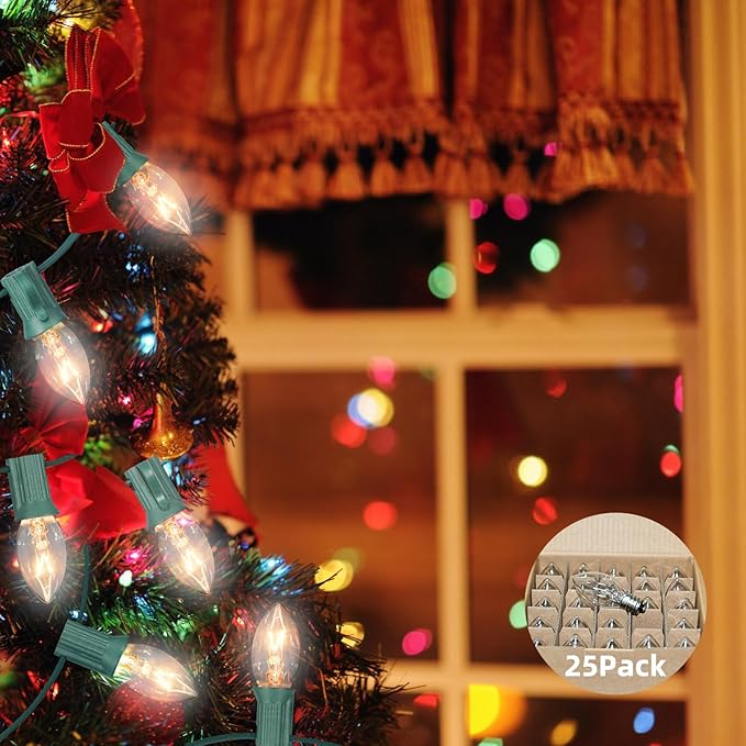 25 Pack C7 Christmas Light Bulbs Nightlight Bulb Vintage Clear Replacement Bulbs for Christmas Village Houses, Xmas Tree, Night Lights, Window Candle & String Light Bulbs Replacement, E12 Base, 5W