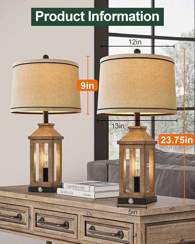 23.75" Farmhouse Dual USB Charging Ports 3-Way Dimmable Touch Control Table Lamp with Nightlight Vintage Modern Lamps for Living Room Bedroom