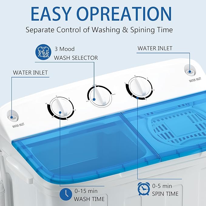 Portable Mini Twin Tub 18Lbs Washing Machine with Drying Rack & 10 Hangers, Washer(11Lbs) and Spinner(7Lbs) Combo with Timer Knob, Compact Semi-automatic Laundry Washer for Home Dorm Apartment, Blue