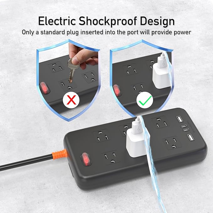 Outdoor Power Strip Weatherproof, KPQ IPX6 Waterproof Surge Protector with 6 Wide Outlets, 2 USB A and 2 USB C, 6FT Heavy Duty Extension Cord for Home, Office, Dorm, Patio, FCC UL Listed