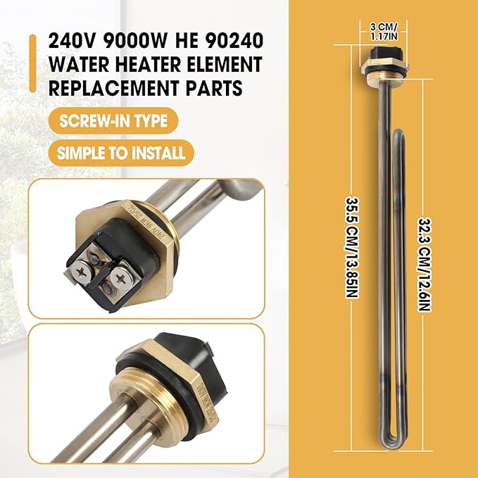 3 Pcs Titanium HE 90240 Water Heater Element Screw-In 9KW 240V Replacement for EcoSmart ECO 18 27 36 Tankless Water Heater Element Parts Replaces HE 80240 R004709024S SGB-2903 HA-P004 HA-P005