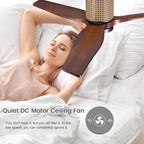 52" Ceiling Fan with Light - Low Profile Flush Mount Ceiling Fan, 6-Speed Remote Control, Solid Wood, Quiet Reversible DC Motor,Walnut/Black Finish, for Bedroom, Living Room, Porch