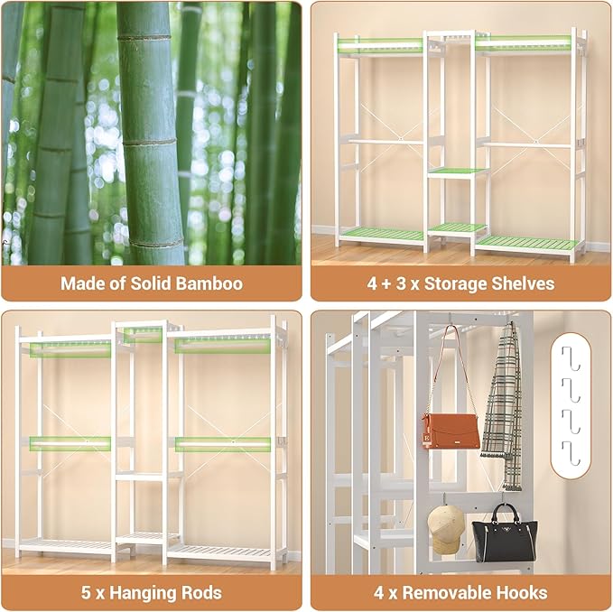 Homykic Bamboo Closet System Clothes Rack, Large Freestanding Garment Rack Clothing Rack for Hanging Clothes with 7 Storage Shelves and 5 Rods, Open Wardrobe Organizer with 4 Hooks, White