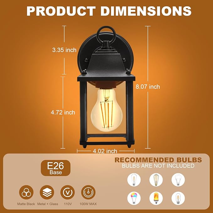 Outdoor Light Fixture, Matte Black Front Porch Lamps Width Glass Shades, 8.7IN Exterior Waterproof Wall Mount Lantern with E26 Sockets, Modern Outside Lights for House Garage Doorway Patio