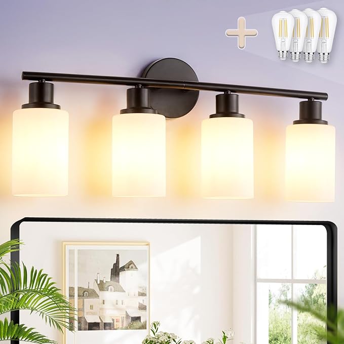DLLT 4-Light Bathroom Light Fixtures: Black Modern Vanity Lights with E26 Bulbs - Milky White Glass Shade Bathroom Wall Lamp for Mirror Kitchen Living Room Hallway Cabinet Porch