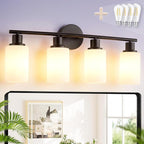 DLLT 4-Light Bathroom Light Fixtures: Black Modern Vanity Lights with E26 Bulbs - Milky White Glass Shade Bathroom Wall Lamp for Mirror Kitchen Living Room Hallway Cabinet Porch