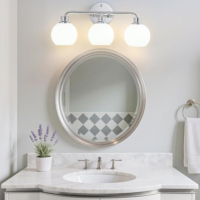 Chrome Vanity Light Bathroom Light Fixtures Over Mirror 3 Light Wall Sconces Lighting Silver Lights with Milk Globe Glass Shades Bath Wall Lamp for Mirror Kitchen Living Room Bedroom Hallway