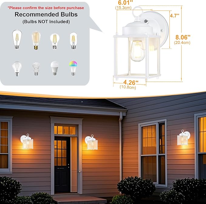 GRUENLICH Dusk to Dawn Outdoor Wall Lantern, Exterior Wall Sconce Light Fixture, Outside Porch Lighting with Clear Glass for House, Patio, White, 2 Pack