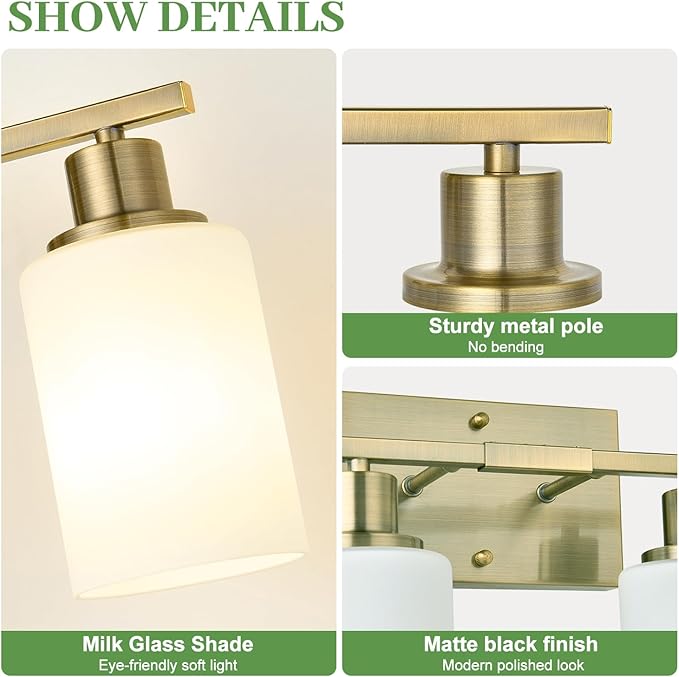4-Light Bathroom Light Fixtures, Brass Vanity Light with Milky White Shades, Bathroom Lighting Fixtures Over Mirror, Modern Bathroom Wall Lamp for Mirror Living Room Cabinet Bedroom