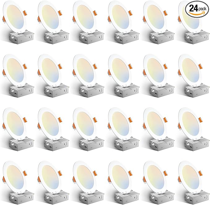 Amico 24 Pack 6 Inch 5CCT Ultra-Thin LED Recessed Ceiling Light with Junction Box, 1050LM Brightness, Dimmable Canless Wafer Downlight, 12W, ETL&FCC