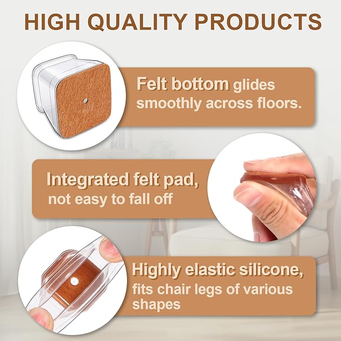 28Pcs Chair Leg Floor Protectors Square Silicone Chair Leg Protectors for Hardwood Floors Felt Furniture Pads Clear Chair Sliders for Wooden Floors(Fit:3/4" ~ 1")