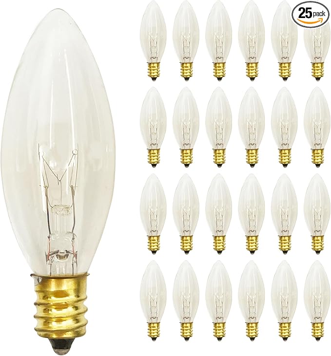 Abeja 25 Pack C26 Clear Torpedo Tip Replacement Lights Bulbs, 7 Watts Replacement Light Bulbs C26 Window Candle Bulbs for Electric Nightlights, Chandeliers, C7/E12 Candelabra Base