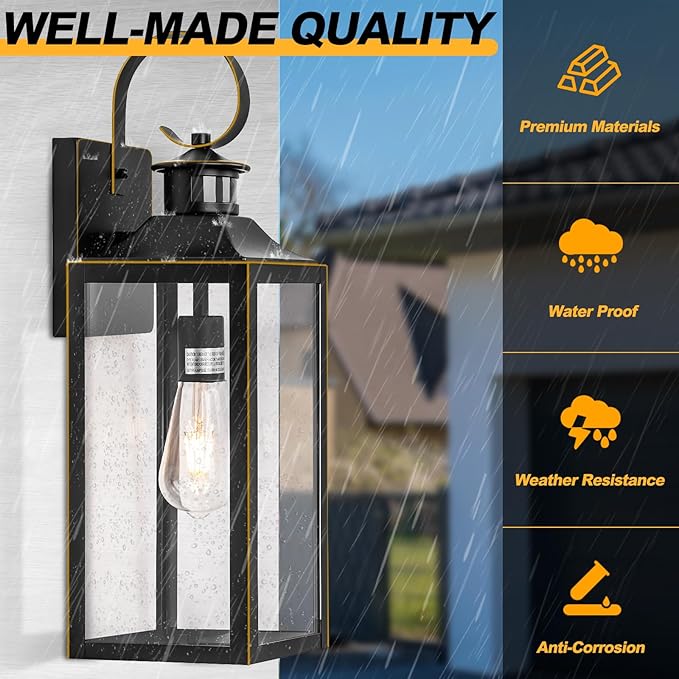 Large Motion Sensor Outdoor Wall Light 20" - Black Dusk to Dawn Outdoor Lighting, Modern Wall Mount Light Fixture, Waterproof Porch Light Fixture for Outside House Garage, 3 Modes (with Gold Trim)