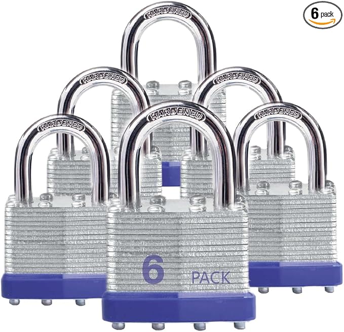 Keyed Alike Laminated Steel Keyed Padlocks with Normal Shackle, 6 Pack, for Hasp Latch, Sheds, Fences, Storage Locker, School, Gym