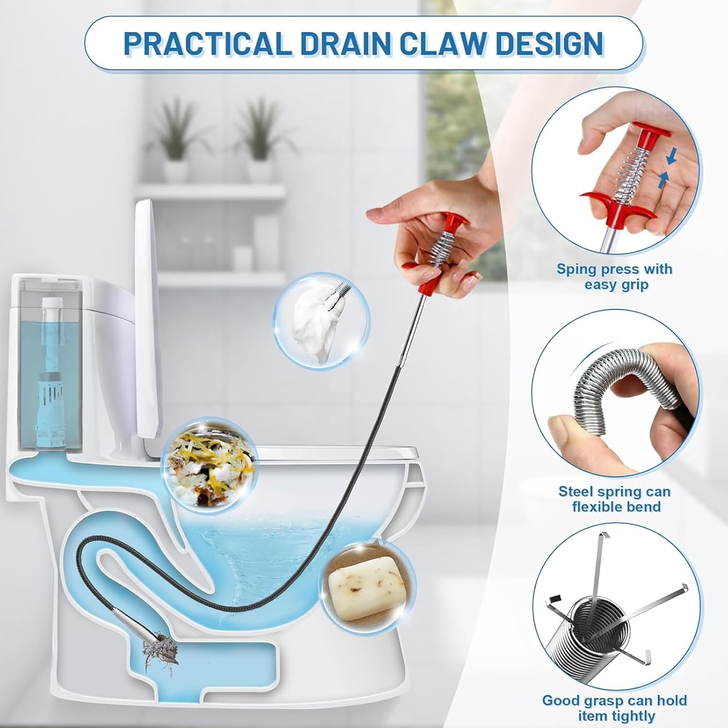 Drain Snake Hair Drain Clog Remover, 61 Inch Shower Snake Sink Unclogger Tool for Home Sink, Bathroom Tub,Drain, Toilet, Tight Spaces