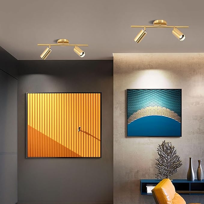 KCO Lighting Modern 2-Light Gold Track Lighting Fixture Flush Mount Brushed Brass Track Lights Kit Mid Century Industrial Adjustable Ceiling Spot Lights Indoor for Kitchen Island (2-Light)