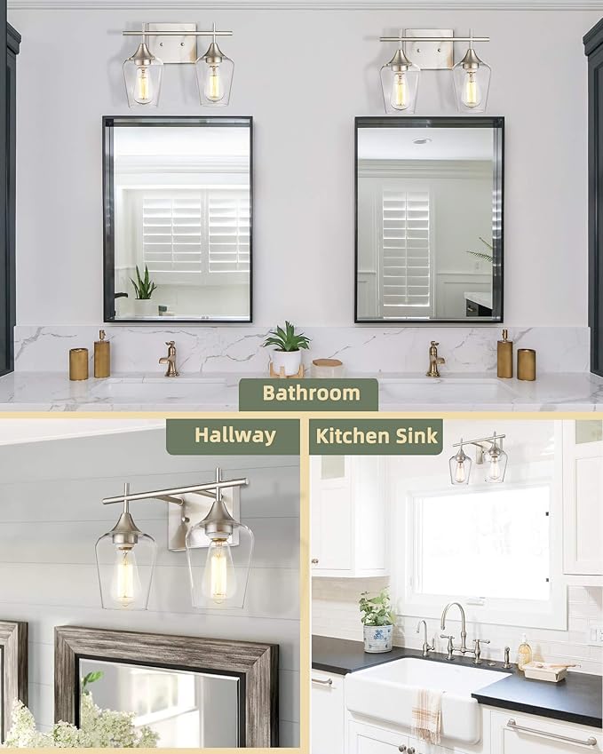 2 Lights Bathroom Light Fixture, 15 Inch Brushed Nickel Bathroom Vanity Lights Over Mirror, Modern Farmhouse Bath Wall Sconce Light with Clear Glass, WL9167-2C