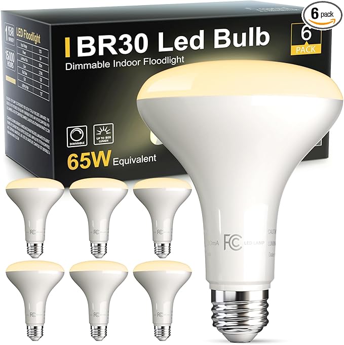LED Flood Light Bulb Indoor, Dimmable BR30 Recessed Can Light Bulbs, 65 Watt Equivalent Efficient 9W, Soft White 2700K, E26 Standard Base, 800 LM 15000 Hour Lifetime, for Ceiling, Kitchen, 6 Pack
