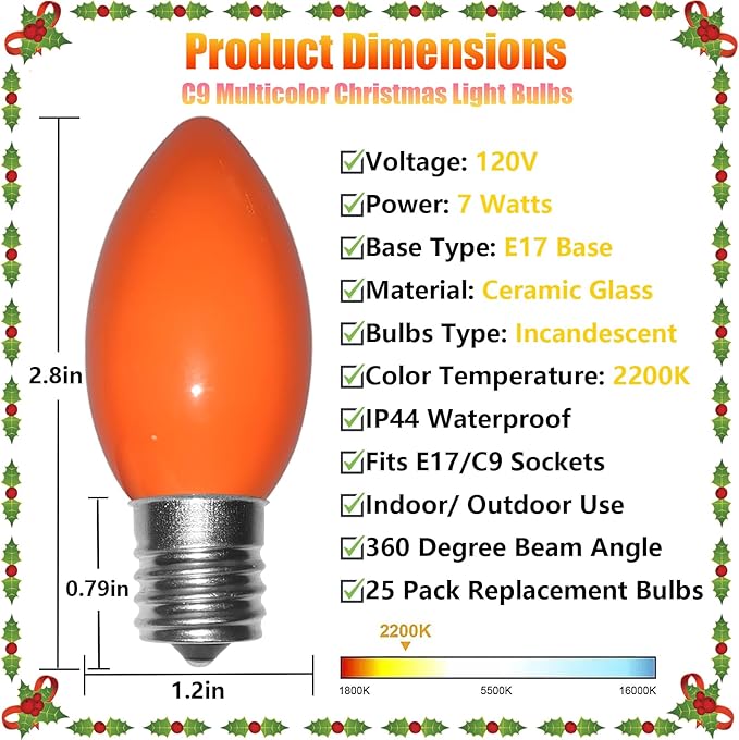 C9 Christmas Light Replacement Bulbs, 25 Pack Ceramic Multicolor Christmas Light Bulbs 7W Night Light Bulb, E17 Intermediate Base Light Bulbs Incandescent Bulbs for Outdoor Vintage Christmas Lights