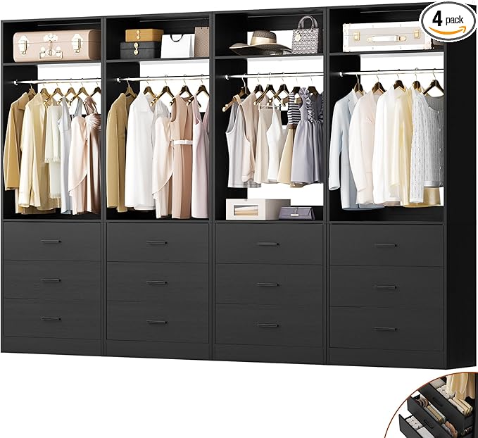 Closet System Set of 4, 8FT Closet Systems with 12 Wood Drawers, 96" Closet Organizer System with 4 Hanging Rods & 4 Shelves, Heavy Duty 96 Inch Walk-in Closet, Black (96"L x 15" W x 80" H)