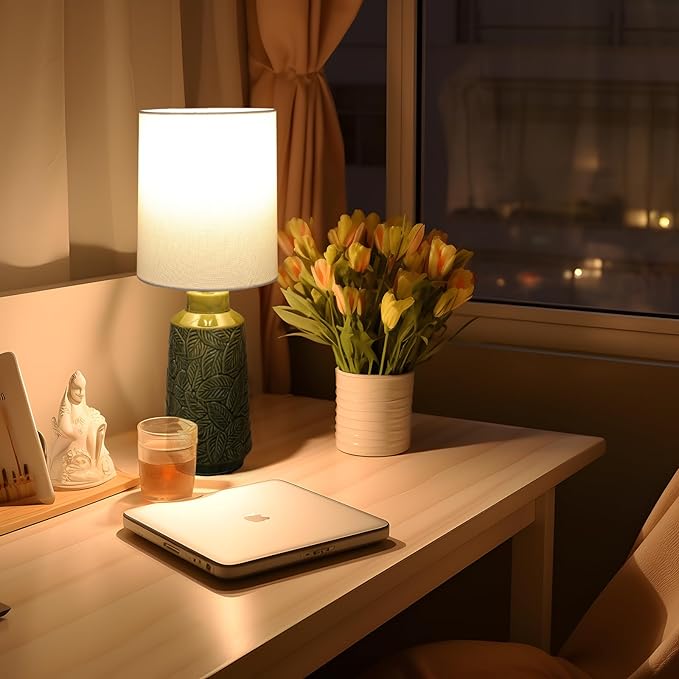 Ceramic Table Lamp Set of 2, 18" Modern Farmhouse Bedside Lamps with Leaf Pattern & White Linen Shade, Nightstand Lamps with Inline ON/Off Switch for Living Room, Bedroom, Dining Room