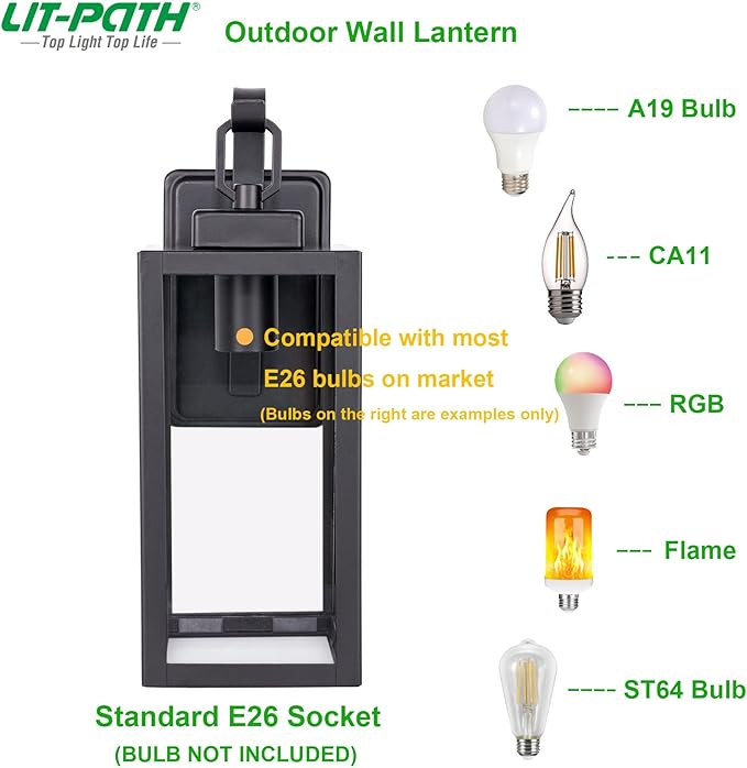 LIT-PaTH Outdoor Wall Lantern, Wall Sconce as Porch Lighting Fixture, E26 Medium Base Max 60W, Anti-Rust Metal with Glass Shade, Black, 2-Pack