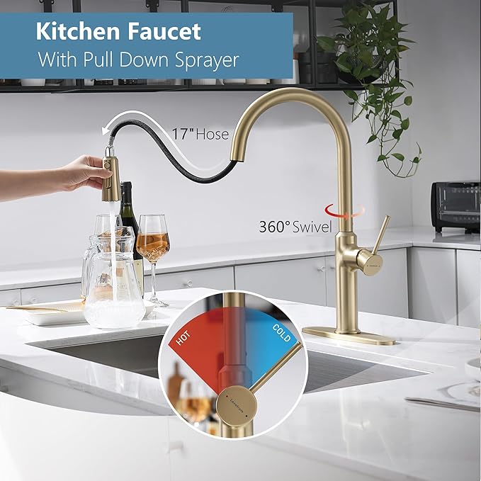 Kitchen Sink Faucets Brushed Gold, High-Arc Single Handle Kitchen Faucet with Pull Down Sprayer, Solid Brass Tall Kitchen Faucets