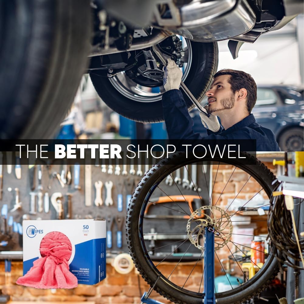 Microfiber Wholesale Shop Towels MWipes Reusable Red Shop Rags | 50 Rags in a Box (400 Count) | Super Absorbent, Machine Washable Hundreds of Times | Automotive, Paint, Industrial, Detailing