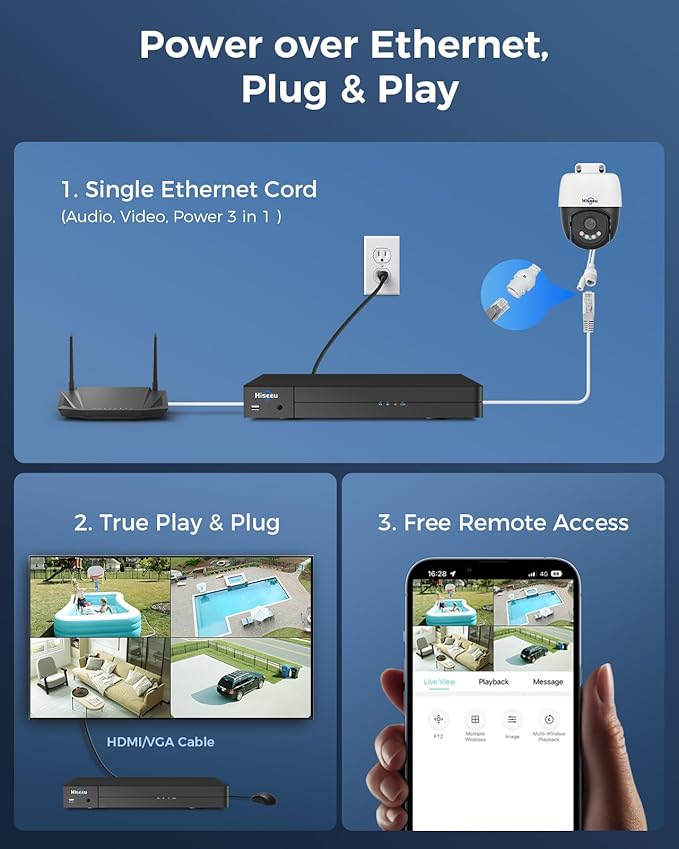 【360°View】 Hiseeu 12MP NVR 12 Pcs PoE PTZ Cameras, 350°Pan 90° Tilt，Auto Human Tracking, Human Vehicle Detect, 2 Way Audio, 7/24 Record&Playback，4TB HDD for Home Surveillance Outdoor Indoor