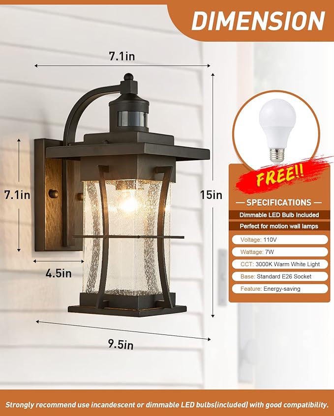 Motion Sensor Outdoor Wall Light Dusk to Dawn Exterior Light Fixtures Waterproof Exterior Sconce Black Porch Lamp Wall Mount Outside Lantern Light for House Front Door Garage