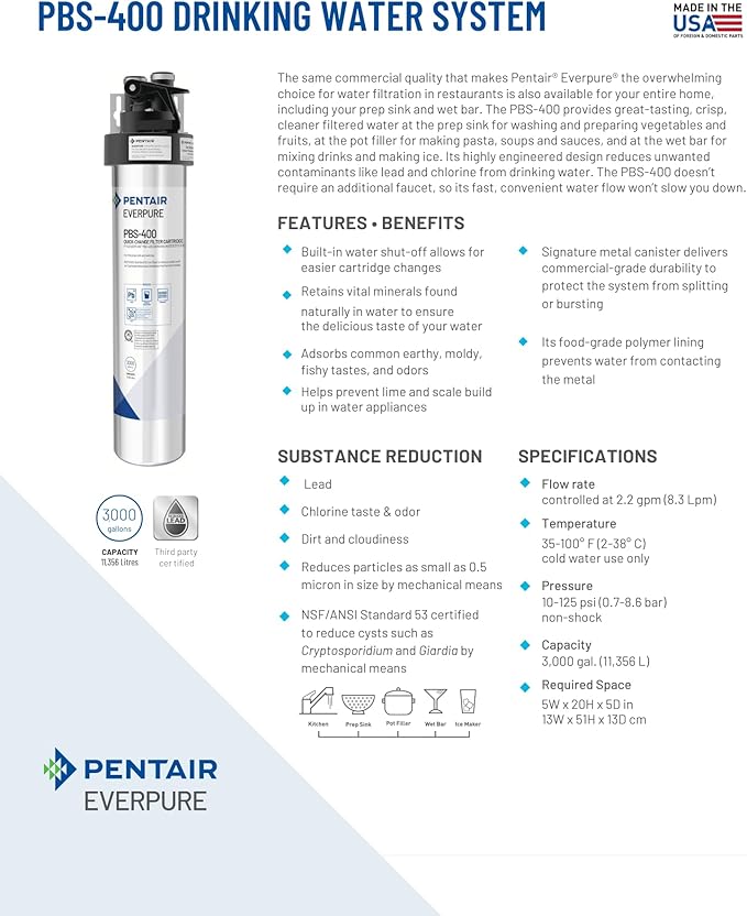 Pentair Everpure PBS-400 Drinking Water System, EV927085, Ideal for use in Prep Sink and Wet Bar, Includes Filter Head, Filter Cartridge, All Hardware and Connectors