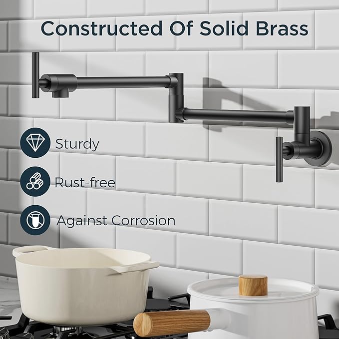 FORIOUS Black Pot Filler Faucet Over Stove, Solid Brass Modern Wall Mount Commercial Folding Faucet with Stretchable Double Joint Swing Arms for Kitchen Restaurant