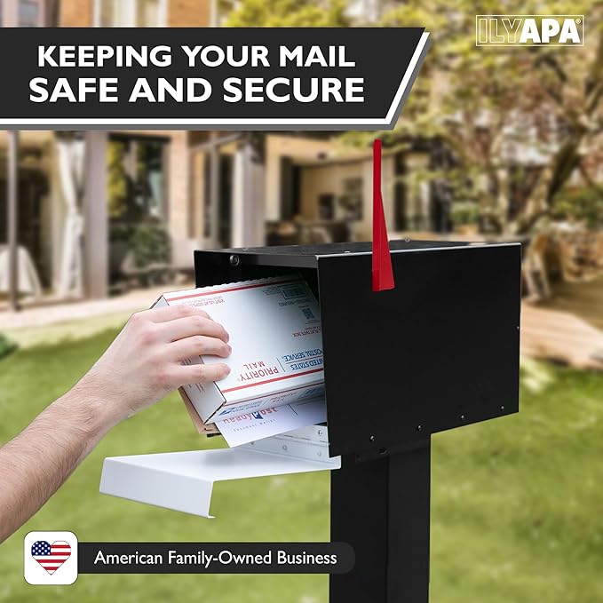 Ilyapa Modern Mailbox for Post Mount - Black with White Door Powder Coated Steel, Waterproof Letter Box for Parcels, with Recessed Magnetic Close Door