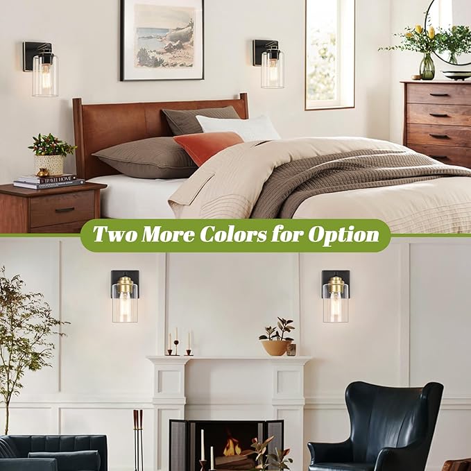 Set of 2 Wall Sconces for Bathroom, Modern Vanity Light Fixtures, Black and Gold Wall Mount Lighting Lanterns, Farmhouse Wall Lights with Clear Glass Shade for Bedroom Living Room Mirror Hallway