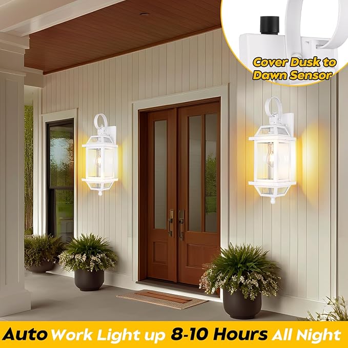 White Outdoor Wall Lantern 2-Pack, Large 18" Aluminum Exterior Wall Sconce Outdoor Porch Lights with Clear Glass, White Carriage Lights Outdoor Enclosed Bottom Outdoor Wall Light for House ETL listed
