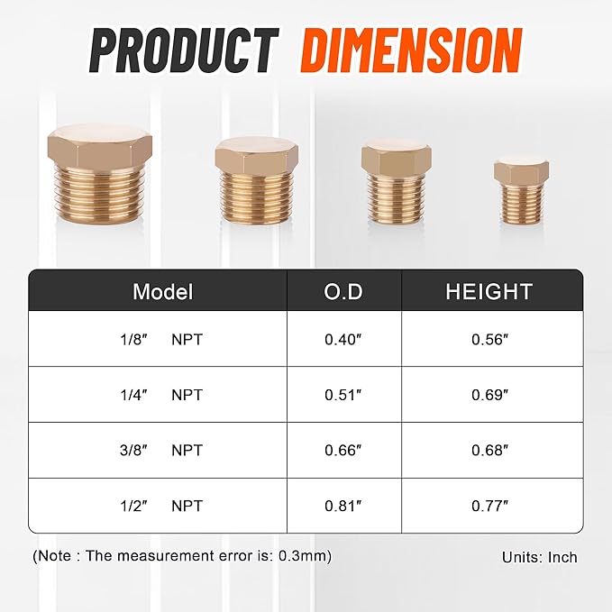 24 PCS Brass Hex Pipe Plug Fittings Kits 1/8" 1/4" 3/8" 1/2" NTP Brass Plug Male Threaded