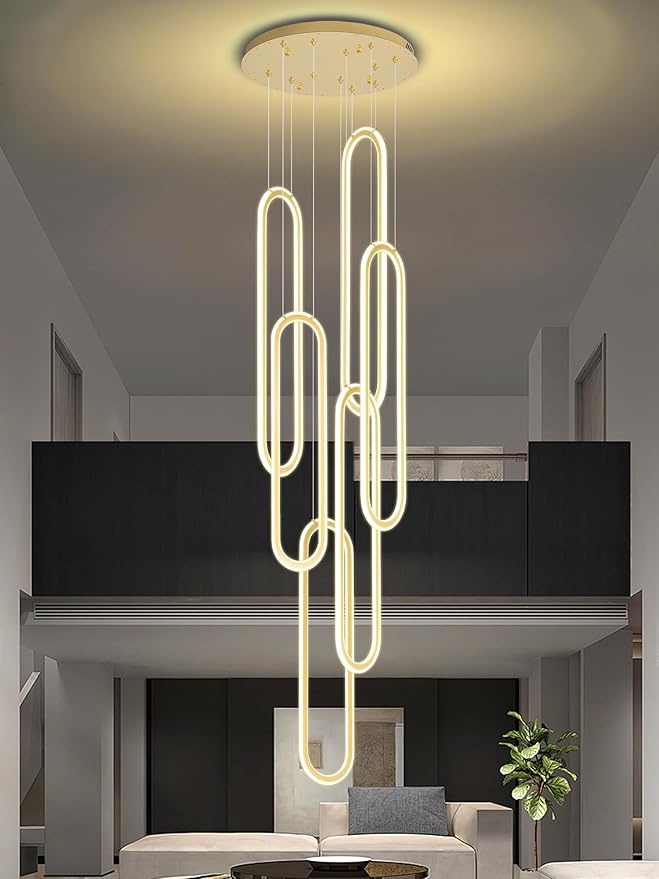 Flashing God H138 Modern Chandelier 6-Rings Large Chandelier for High Ceiling Led Dimmable Ring Pendant Lighting Gold Contemporary Chandeliers for Villa Foyer Entrance Living Room
