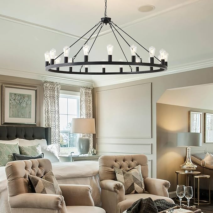 53” Black Large Wagon Wheel Chandelier,Vintage Rustic Farmhouse Chandeliers 18-Lights,Round Metal Industrial High Ceiling Pendant Light with Adjustable Height for Kitchen,Foyer,Porch,Living room