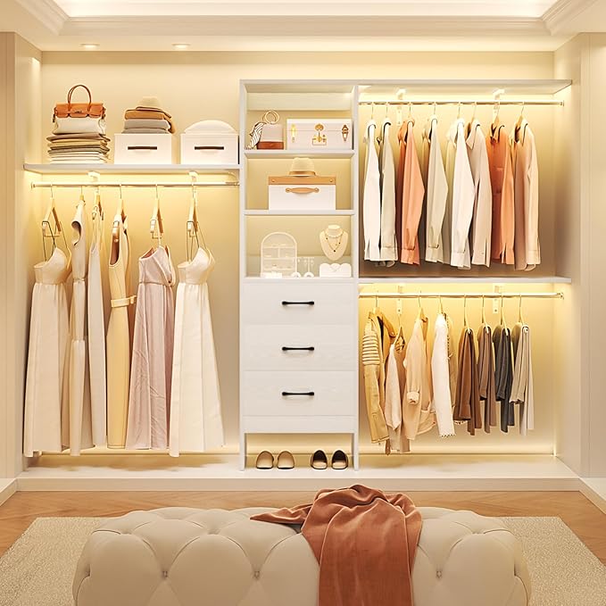 8FT Closet System, 96'' Closet Organizer System with 3 Hanging Rods, Wall Mount Bedroom Wardrobe with 3 Drawers Walk-in Closet, Adjustable Cloth Garment Rack from 5 to 8FT (Cut to Fit), White&Grey Oak