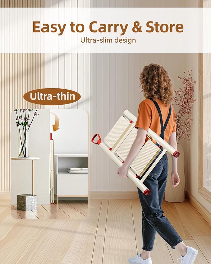 ASPERALD 3 Step Ladder with handrails,Foldable Step Stool with Anti-Slip Wide Pedals for Home Kitchen Closet,3 Step Ladder Folding Step Stool Long Handle White