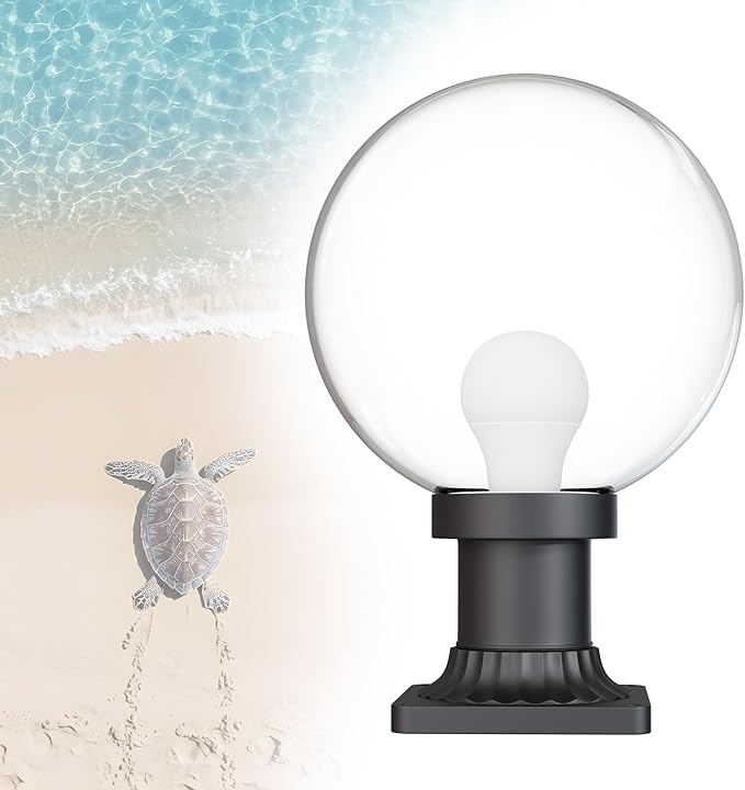 KastLite 590nm Amber LED Pier Mount Globe Light - Sea Turtle Friendly Outdoor Fixture - 7.5W Wildlife Safe Lighting for Coastal Porch Garden & Dock Use - Made in USA - Clear Acrylic Lens, Black Base
