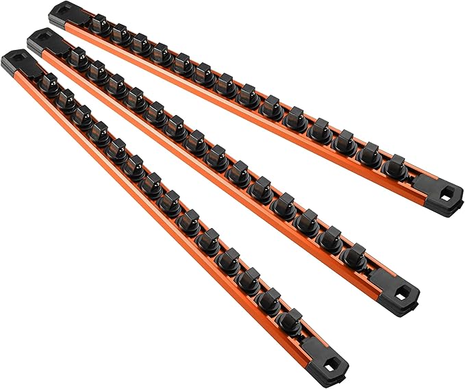 Magnetic Socket Organizer, 3-Piece Heavty Duty Aluminum Socket Holder, Socket Rail for Tool Box, Premium Quality 360° Swivel Socket Rack with 42 Clips for 3/8-Inch(Orange)