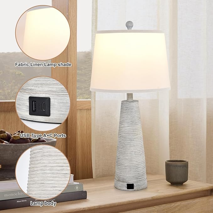 Terpsichore Bedside Lamps Set of 2 Nightstand Lamp Desk Lamps Vintage Rustic Farmhouse Table Lamp 3 Way Dimmable Light,Suitable for Living Room Bedroom,with Linen Shade LED Bulb,USB A+C Port