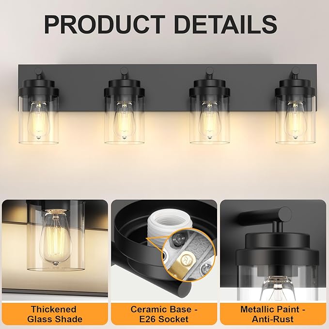 IZORRO Bathroom Vanity Light Fixture, 4-Light 27.5 Inch Matte Black Bathroom Light Fixtures Over Mirror, with Clear Glass Shade, Modern Farmhouse Vanity Lights, Rustic Restroom Lighting Fixtures