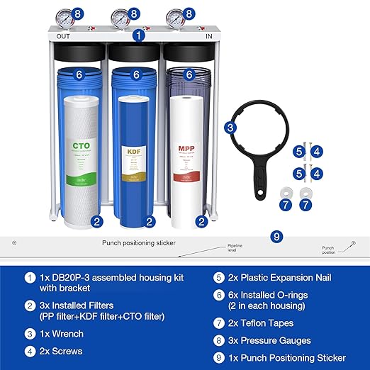 SimPure Whole House Water Filter System, 3 Stages Clear Home Water Pre-Filtration with Carbon Sediment and KDF Filters, Reduce Iron, Chlorine, Manganese, Lead...(DB20P-3KDF)